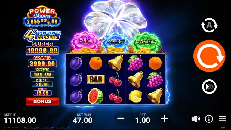 4 Supercharged Clovers spin 416 checkpoint - balance EUR 11,108.00 at bet EUR 1.00