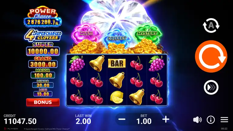 4 Supercharged Clovers base game with the persistent MULTI, COLLECT and MYSTERY Feature Clover legend above the grid, credit EUR 11,047.50 at bet EUR 1.00
