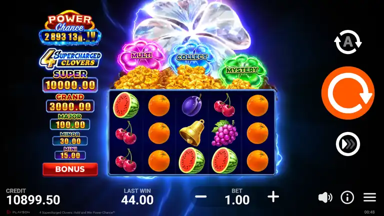 4 Supercharged Clovers base game 5x3 grid with the persistent Feature Clover legend and five-tier jackpot ladder, credit EUR 10,899.50 at bet EUR 1.00